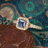 Princess Cut Alexandrite Engagement Ring Halo Half Eternity Pave Band
